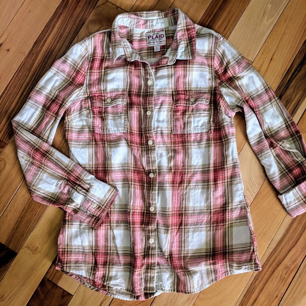 Plaid button down pink & tan